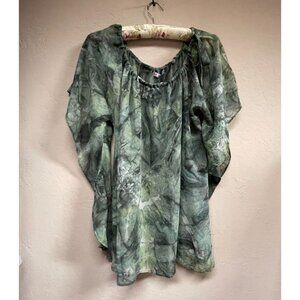 New Creations by Claudia Aruba Hand Made Blouse Cordon Tunic Poncho Top Green